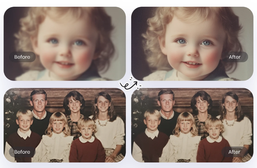 Examples showing low-detail photos before and after AI clarity enhancement
